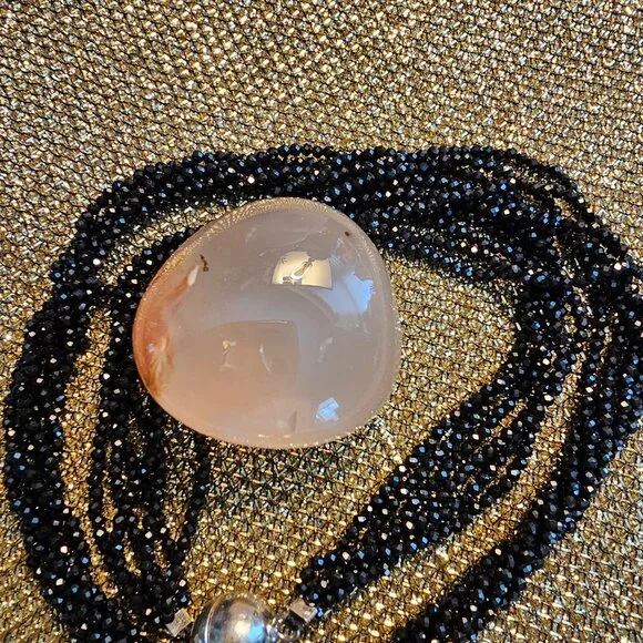 Black Spinel Rhodium Over Silver Multi-Strand Beaded Necklace